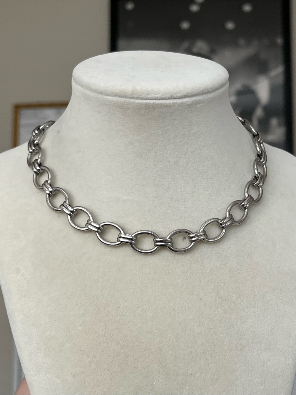Silver Tone Collar Oval Large Link Chain Choker Necklace 14”